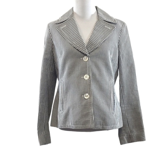 Talbots Gray White Stripe Blazer Jacket Womens 6 Three‎ Button Front Seersucker - Picture 1 of 10